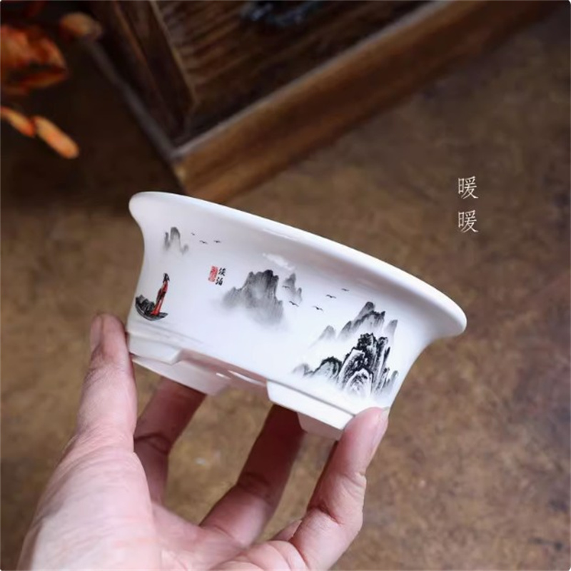 Plant Desk Mini - Porselen Beyaz Oval Bonsai Saksısı, Mini